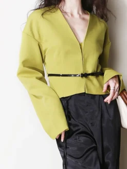 New V-Neck Slim Belted Blazer Outerwear|Blazers