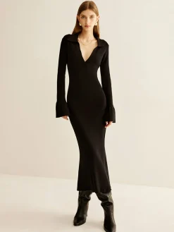 New V-Neck Slim Lapel Sweater Dress Black Dresses|Sweater Dresses