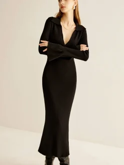 New V-Neck Slim Lapel Sweater Dress Black Dresses|Sweater Dresses