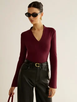 Hot V-Neck Slit-Cuff Jersey Blouse Blouses & Shirts|Tops