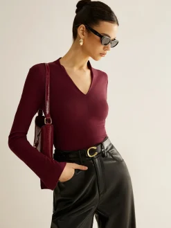 Hot V-Neck Slit-Cuff Jersey Blouse Blouses & Shirts|Tops