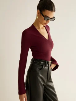 Hot V-Neck Slit-Cuff Jersey Blouse Blouses & Shirts|Tops