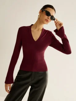 Hot V-Neck Slit-Cuff Jersey Blouse Blouses & Shirts|Tops