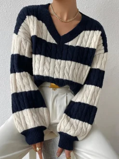 Sale V-Neck Striped Cable Sweater Sweater Tops|Sweaters & Cardigans