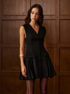 Sale V-Neck Suede Pleated Tank Short Dress Dresses