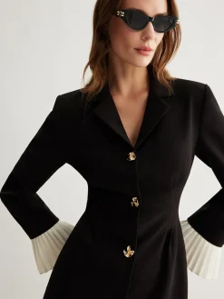 Discount V-Neck Two-Tone Pleated Button Dress Casual Dresses|Work Dresses