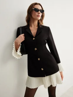 Discount V-Neck Two-Tone Pleated Button Dress Casual Dresses|Work Dresses