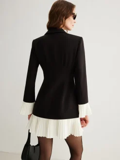 Discount V-Neck Two-Tone Pleated Button Dress Casual Dresses|Work Dresses