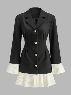 Discount V-Neck Two-Tone Pleated Button Dress Casual Dresses|Work Dresses