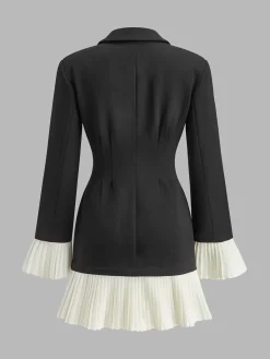 Discount V-Neck Two-Tone Pleated Button Dress Casual Dresses|Work Dresses