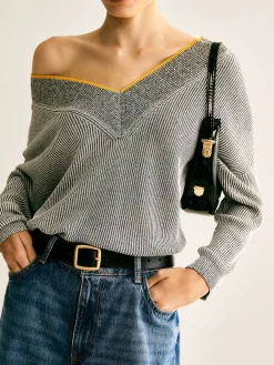 V-Neck Two-Tone Rib Knit Top Sweater Tops|Sweaters & Cardigans