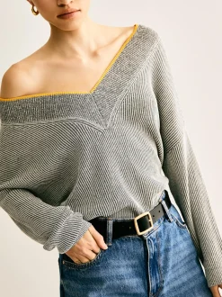 V-Neck Two-Tone Rib Knit Top Sweater Tops|Sweaters & Cardigans