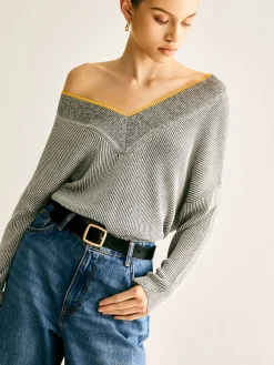 V-Neck Two-Tone Rib Knit Top Sweater Tops|Sweaters & Cardigans