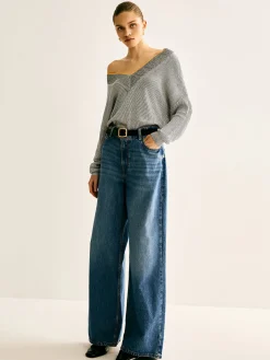 V-Neck Two-Tone Rib Knit Top Sweater Tops|Sweaters & Cardigans