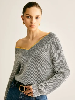 V-Neck Two-Tone Rib Knit Top Sweater Tops|Sweaters & Cardigans
