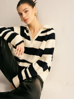 Outlet V-Neck Two-Tone Striped Polo Sweater Sweater Tops|Sweaters & Cardigans