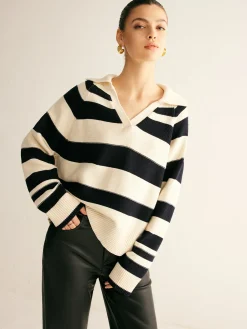 Outlet V-Neck Two-Tone Striped Polo Sweater Sweater Tops|Sweaters & Cardigans