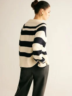 Outlet V-Neck Two-Tone Striped Polo Sweater Sweater Tops|Sweaters & Cardigans