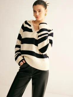Outlet V-Neck Two-Tone Striped Polo Sweater Sweater Tops|Sweaters & Cardigans