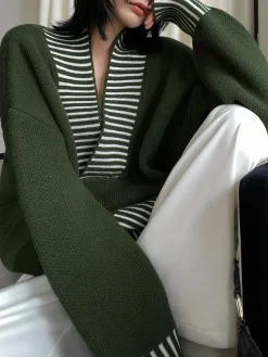Sale V-Neck Two-Tone Striped Sweater Sweater Tops|Sweaters & Cardigans