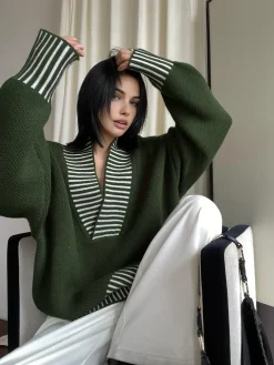 Sale V-Neck Two-Tone Striped Sweater Sweater Tops|Sweaters & Cardigans