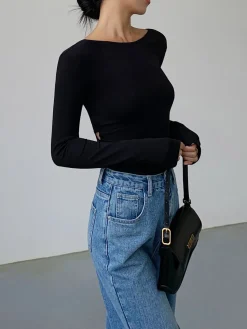 Clearance V-Shape Open Back Long Sleeve Shirt Sweater Tops|T-shirts