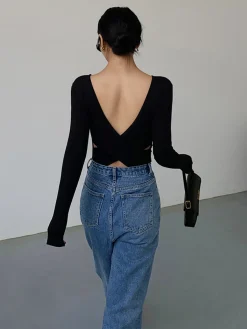 Clearance V-Shape Open Back Long Sleeve Shirt Sweater Tops|T-shirts