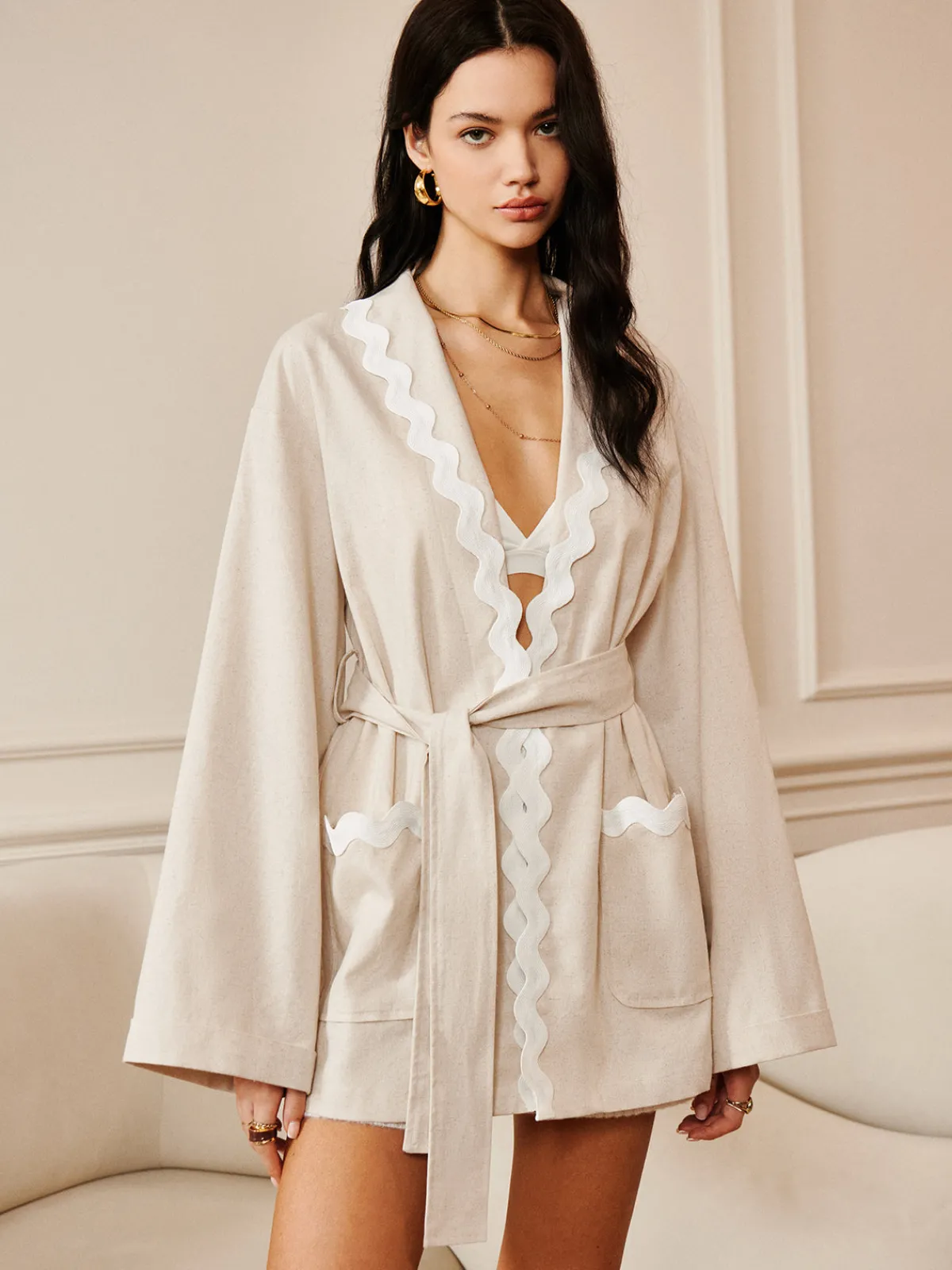 Hot Wave Trim Draped Shoulder Shirt Long Sleeve Sets|Blouses & Shirts