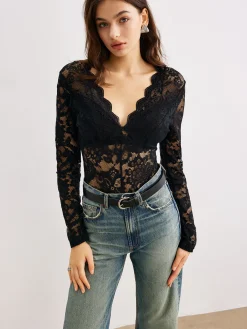 Hot Wave Trim Lace Panel Bodysuit Bodysuits|Bodysuits