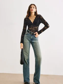 Hot Wave Trim Lace Panel Bodysuit Bodysuits|Bodysuits