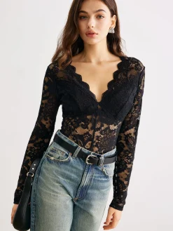 Hot Wave Trim Lace Panel Bodysuit Bodysuits|Bodysuits