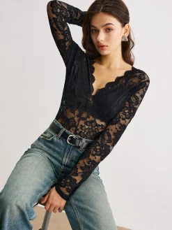 Hot Wave Trim Lace Panel Bodysuit Bodysuits|Bodysuits