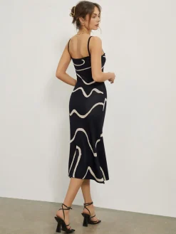 Wavy Print Strap Midi Dress Black Dresses|Sweater Dresses