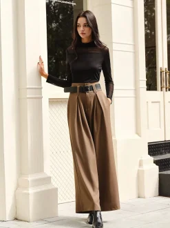 Wide-Leg Pleated Belted Pants Pants