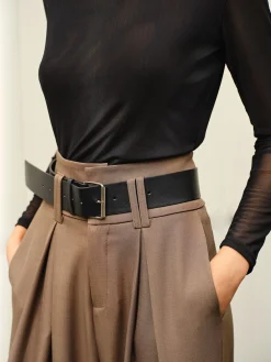 Wide-Leg Pleated Belted Pants Pants