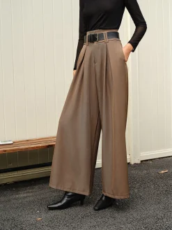 Wide-Leg Pleated Belted Pants Pants