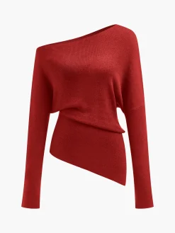 Wool-Blend Asymmetrical Neck Knit Top Sweater Tops|Sweaters & Cardigans
