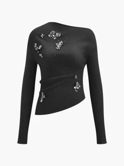 Clearance Wool-Blend Asymmetrical Sequins Knit Top Knitwear|Matching Sets