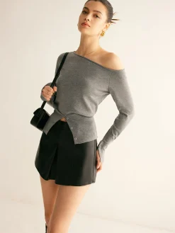 Sale Wool-Blend Asymmetrical Slit Top Sweater Tops|Sweaters & Cardigans