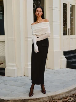 Wool-Blend Cold-Shoulder Ruched Knit Top Sweater Tops|Sweaters & Cardigans