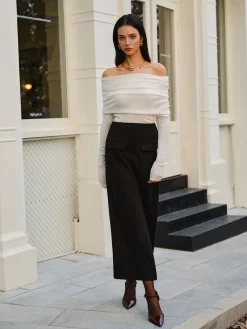 Wool-Blend Cold-Shoulder Ruched Knit Top Sweater Tops|Sweaters & Cardigans