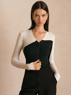 Wool-Blend Color Block Slim Cardigan Knitwear|Tops