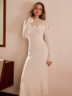 Best Wool-Blend 3D Flower Lettuce Trim Sweater Dress White Dresses|Sweater Dresses