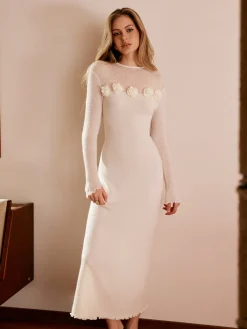 Best Wool-Blend 3D Flower Lettuce Trim Sweater Dress White Dresses|Sweater Dresses
