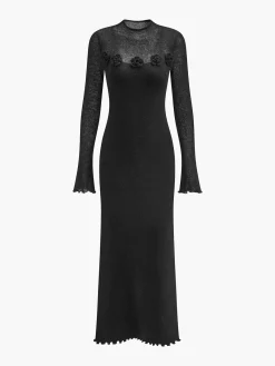 Clearance Wool-Blend 3D Flower Lettuce Trim Sweater Dress Sweater Dresses|Work Dresses