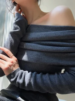 Discount Wool-Blend Elegant Ruched Slim Sweater Sweater Tops|Sweaters & Cardigans
