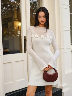 Best Wool-Blend Floral Sweater Panel Dress White Dresses|Sweater Dresses