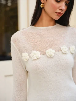 Best Wool-Blend Floral Sweater Panel Dress White Dresses|Sweater Dresses