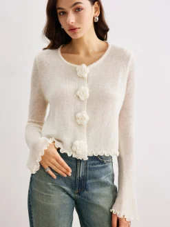 Best Wool-Blend Lettuce Trim 3D Flower Cardigan Cardigans|Sweaters & Cardigans