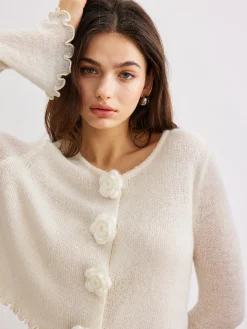 Best Wool-Blend Lettuce Trim 3D Flower Cardigan Cardigans|Sweaters & Cardigans